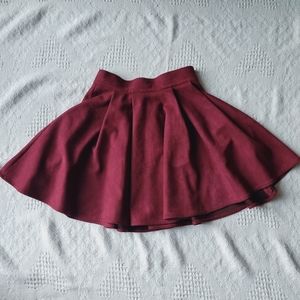 Burgundy Red High Waist Flared Faux Suede Skirt